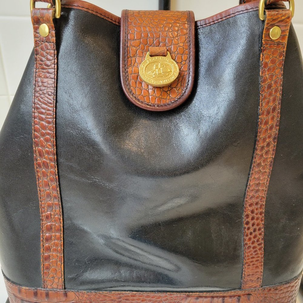 BRAHMIN Bucket Shoulder Bag Black/Brown Medium Croc Pattern Leather